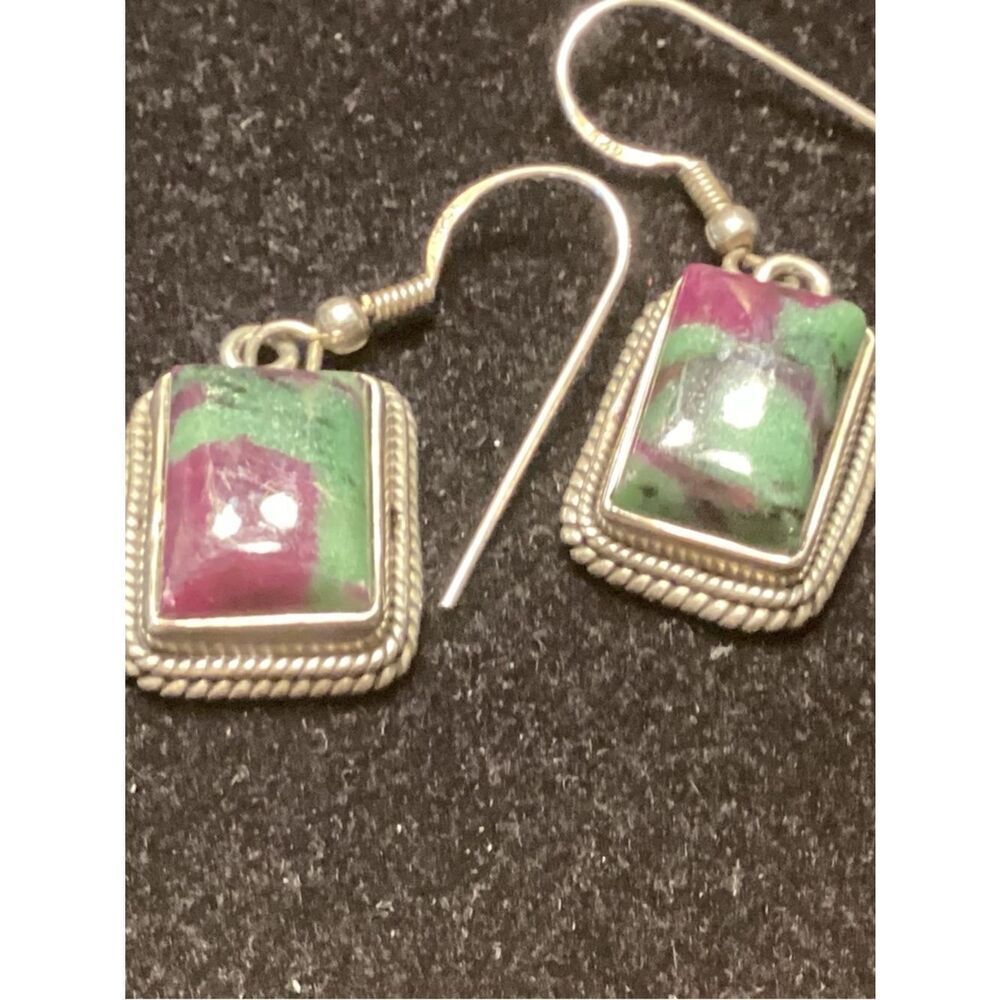 Sterling Silver Ruby Zysotite  Rectangle Drop Earrings